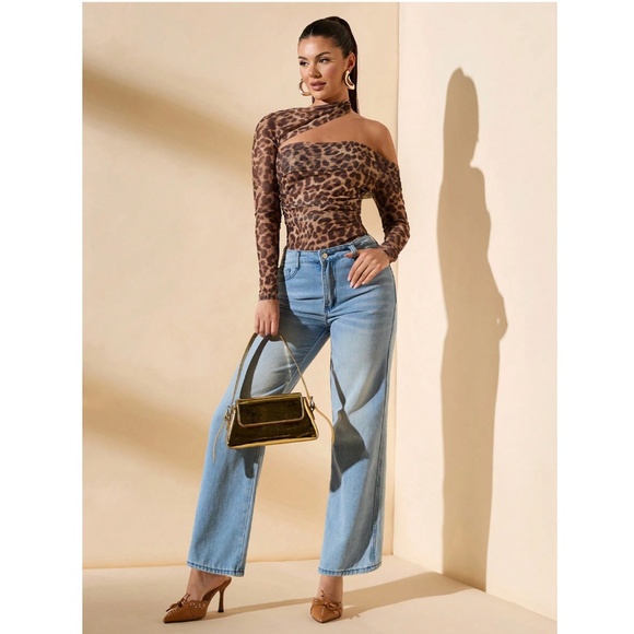 Leopard Cheetah Animal Print Brown Asymmetrical Long Sleeve Slim Bodysuit - Picture 2 of 8